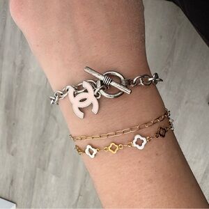 CHANEL Silver Toggle CC Charm Bracelet with Pale Pink Enamel